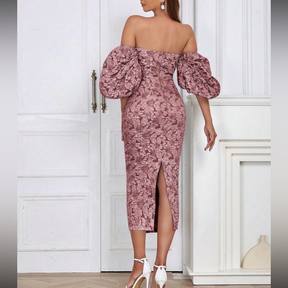 Luxe dusty pink floral jacquard off shoulder party formal evening dress - Picture 3 of 16